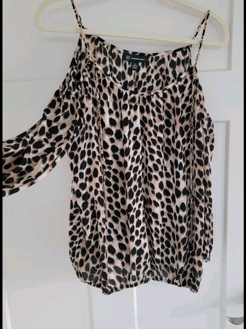 INC Women's Beige and Black Leopard Cold-Shoulder Top